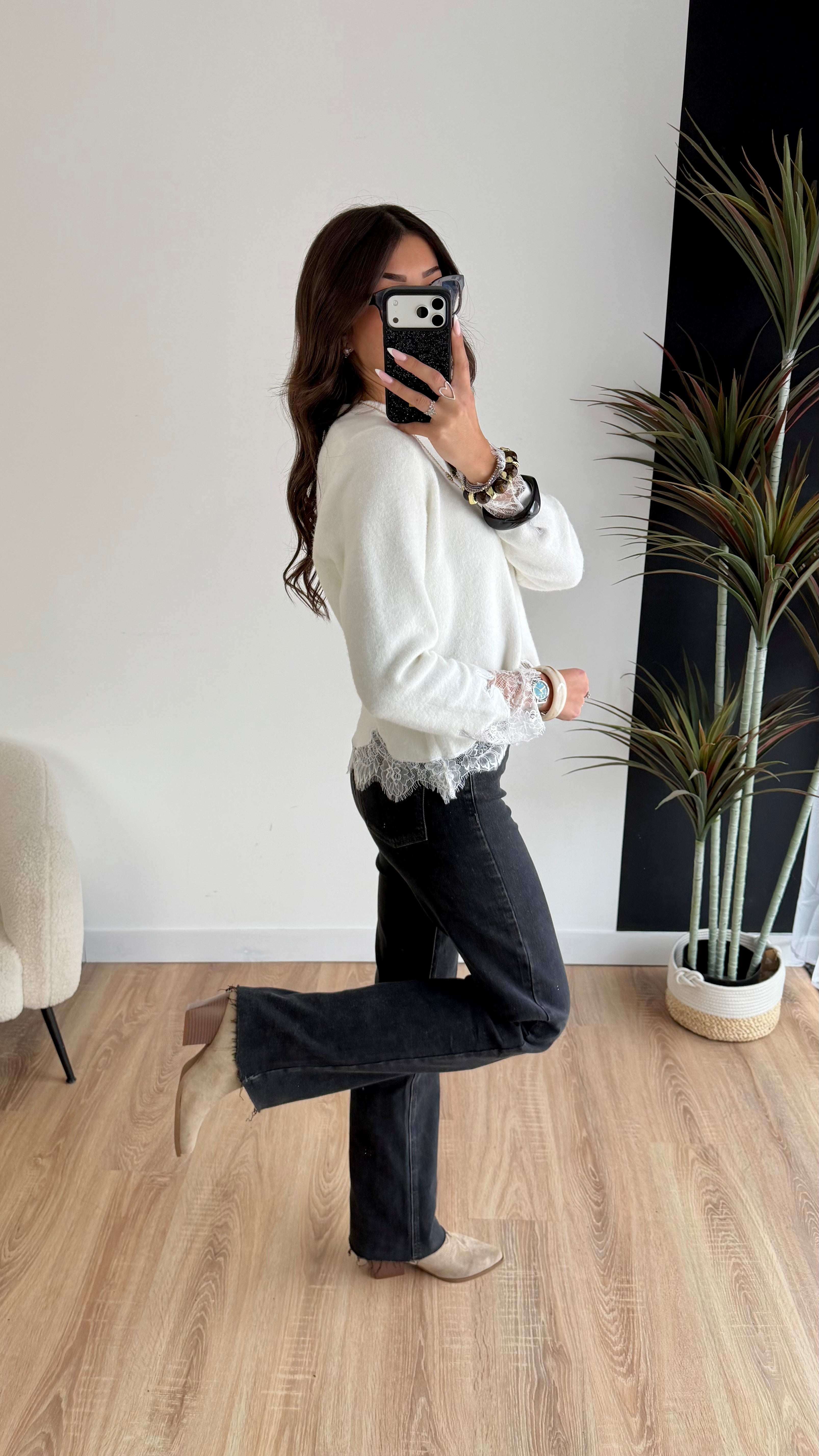 Pull blanc dentelle DS.Sélection