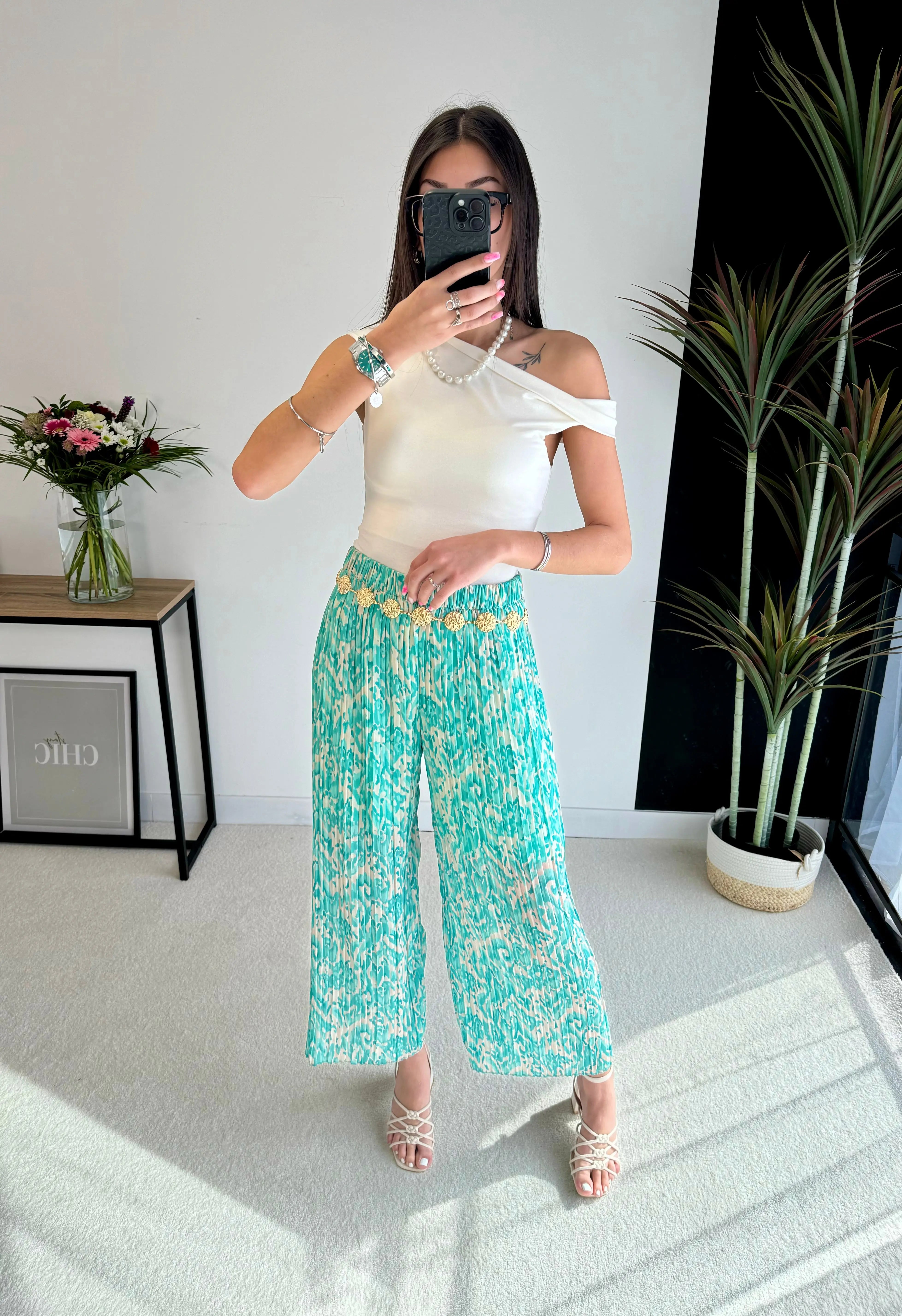 Pantalon plissé à motifs turquoise DS.Sélection