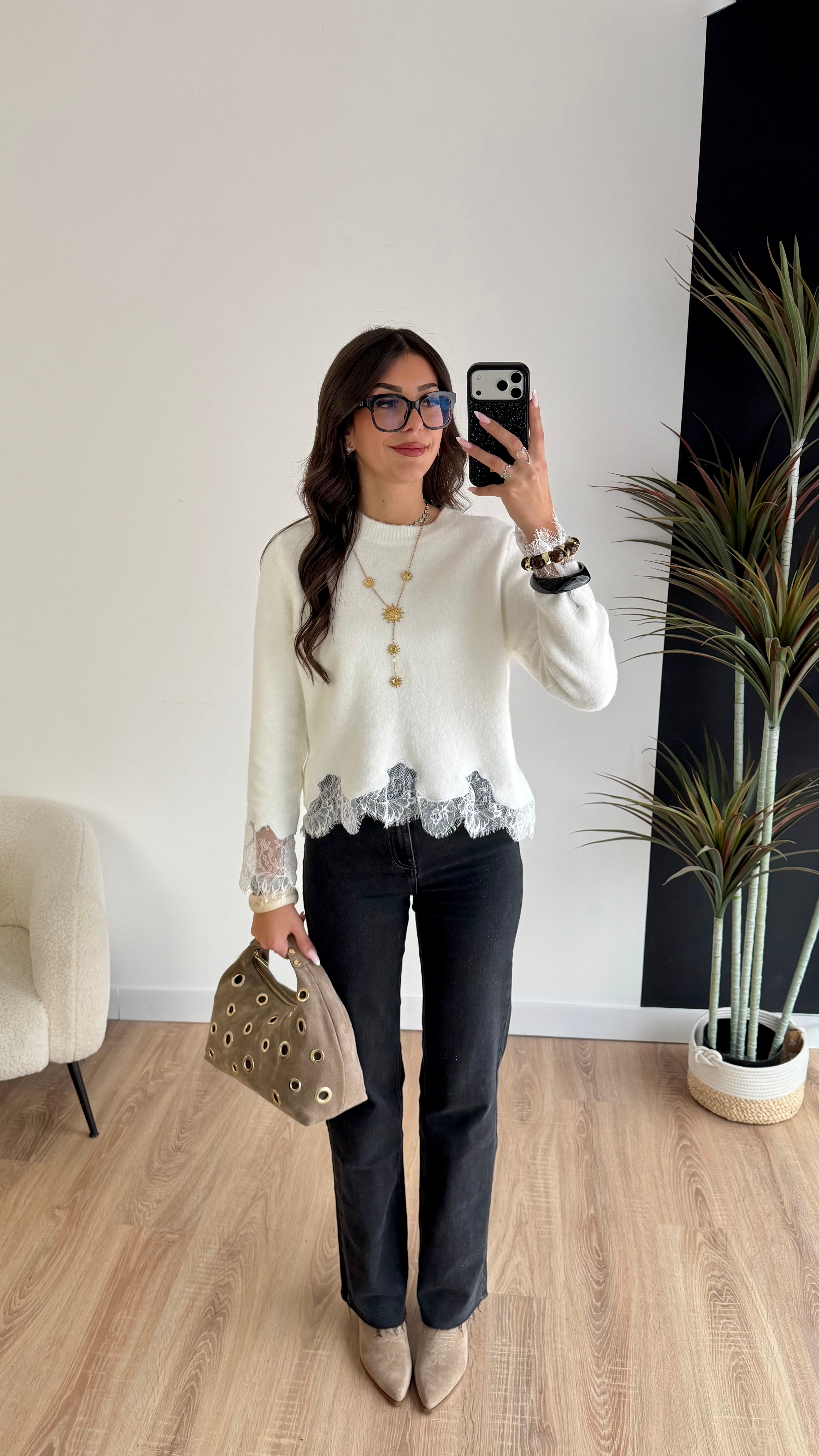 Pull blanc dentelle DS.Sélection