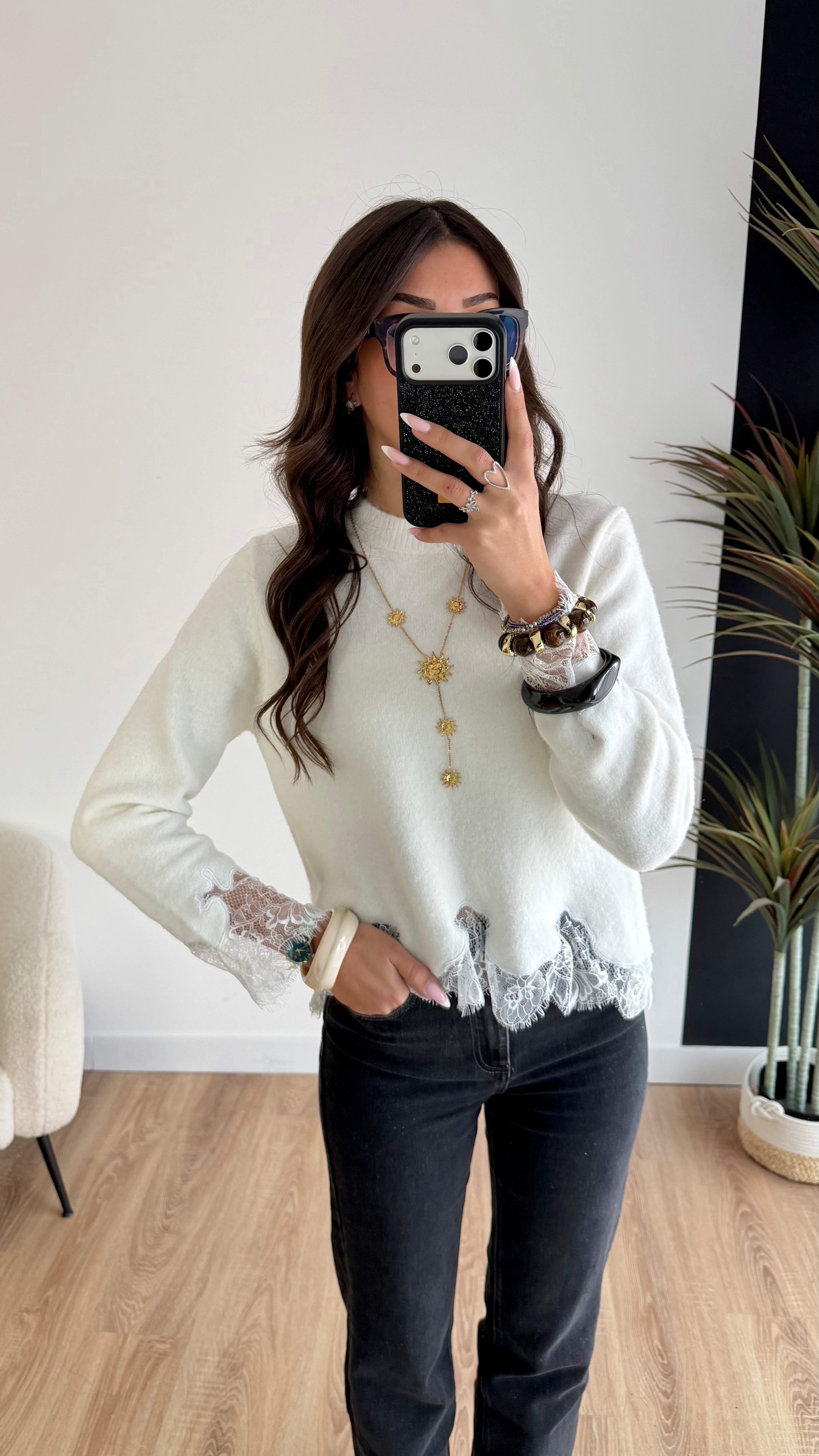 Pull blanc dentelle DS.Sélection