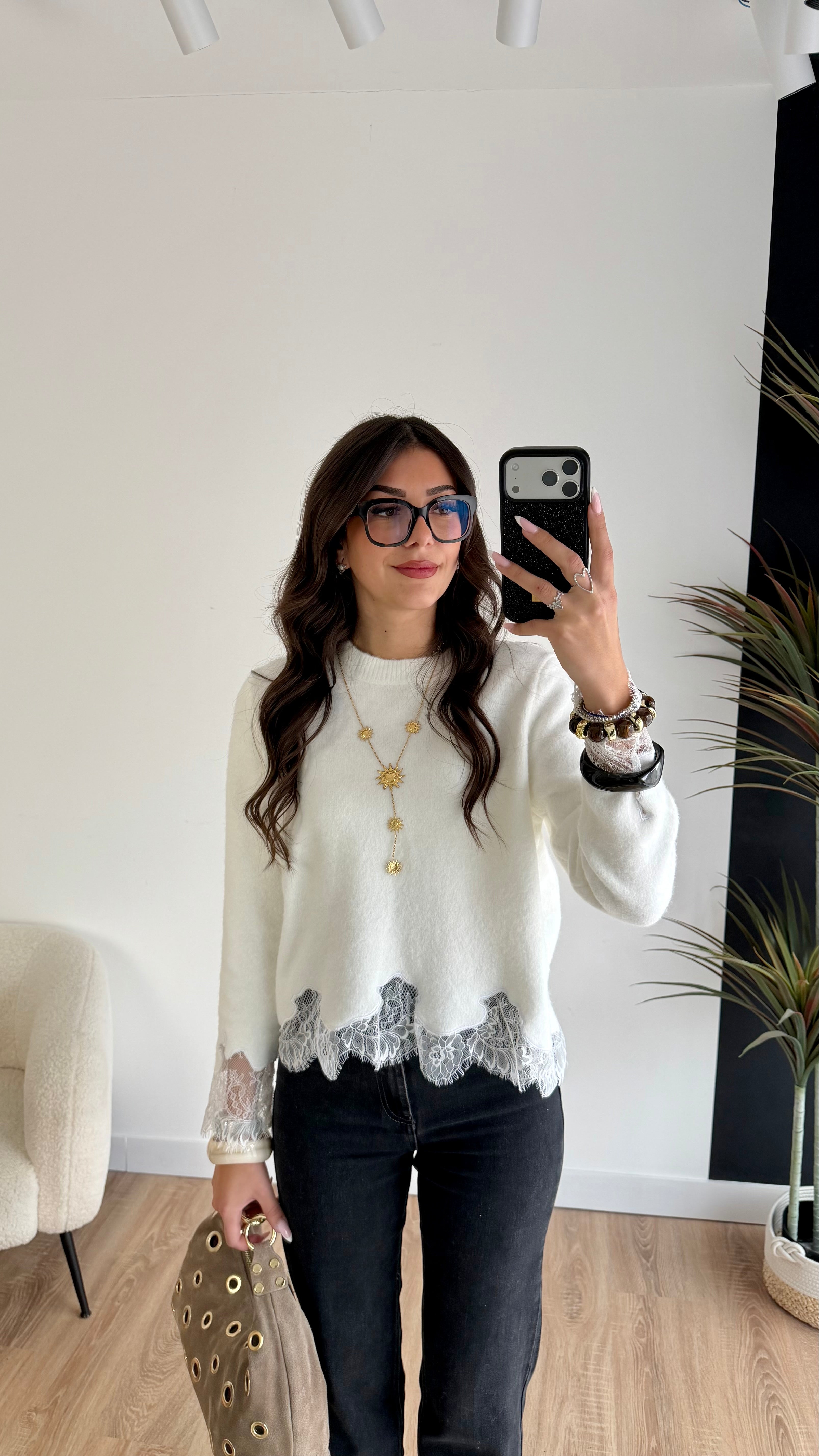 Pull blanc dentelle DS.Sélection