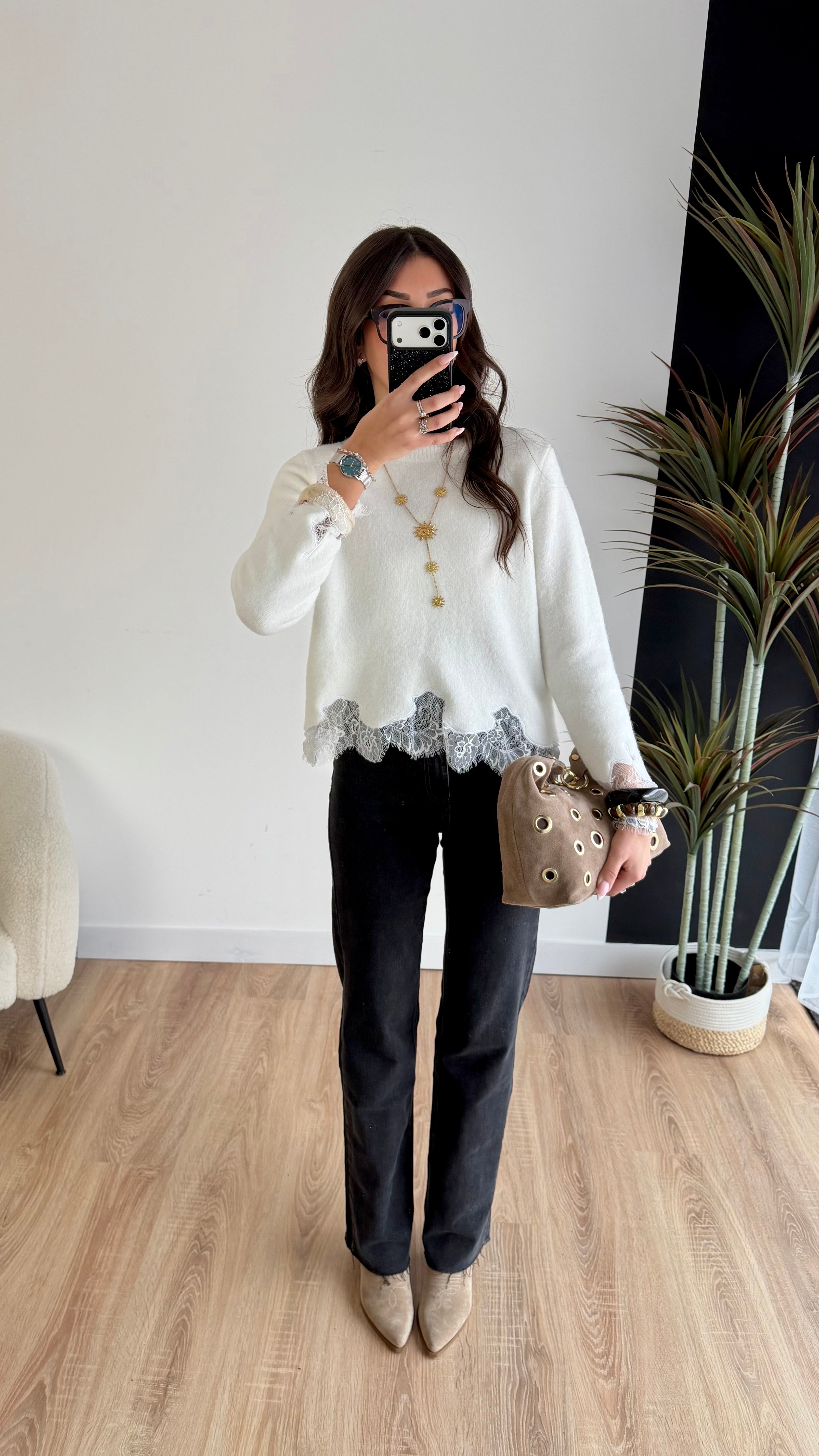 Pull blanc dentelle DS.Sélection